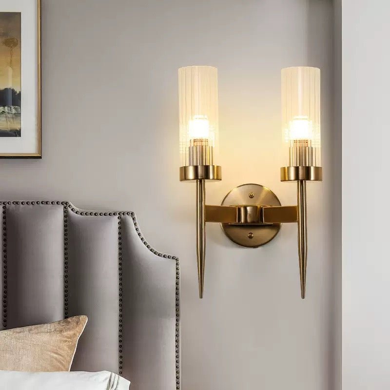 Lume Duo Gold Wall Lamp – Double Ribbed Glass Sconce in Brushed Brass - SHAGHAF HOME