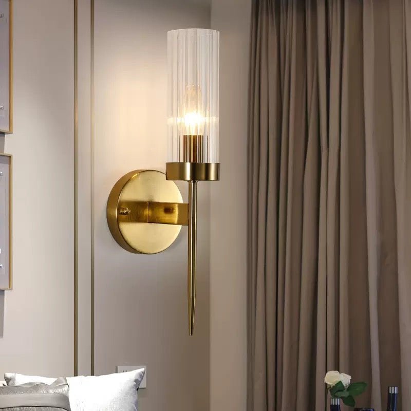 Lume Pillar Gold Wall Lamp – Ribbed Glass & Brushed Brass Finish - SHAGHAF HOME
