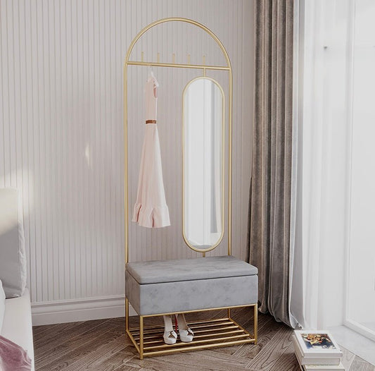 Luxury Gold Metal Hallway Organizer clothing rack with Velvet Storage Bench & Mirror - SHAGHAF HOME