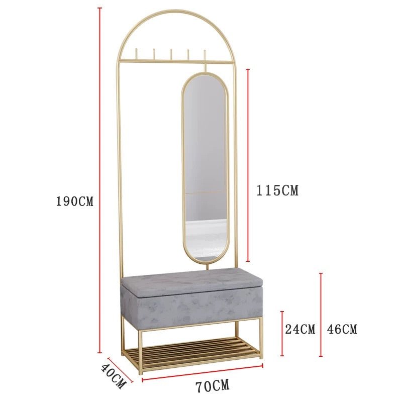 Luxury Gold Metal Hallway Organizer clothing rack with Velvet Storage Bench & Mirror - SHAGHAF HOME