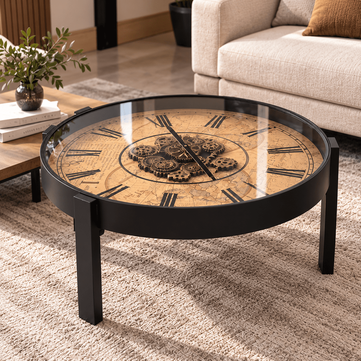Mechanical Clock Coffee Table with Moving Gears – Metal - SHAGHAF HOME
