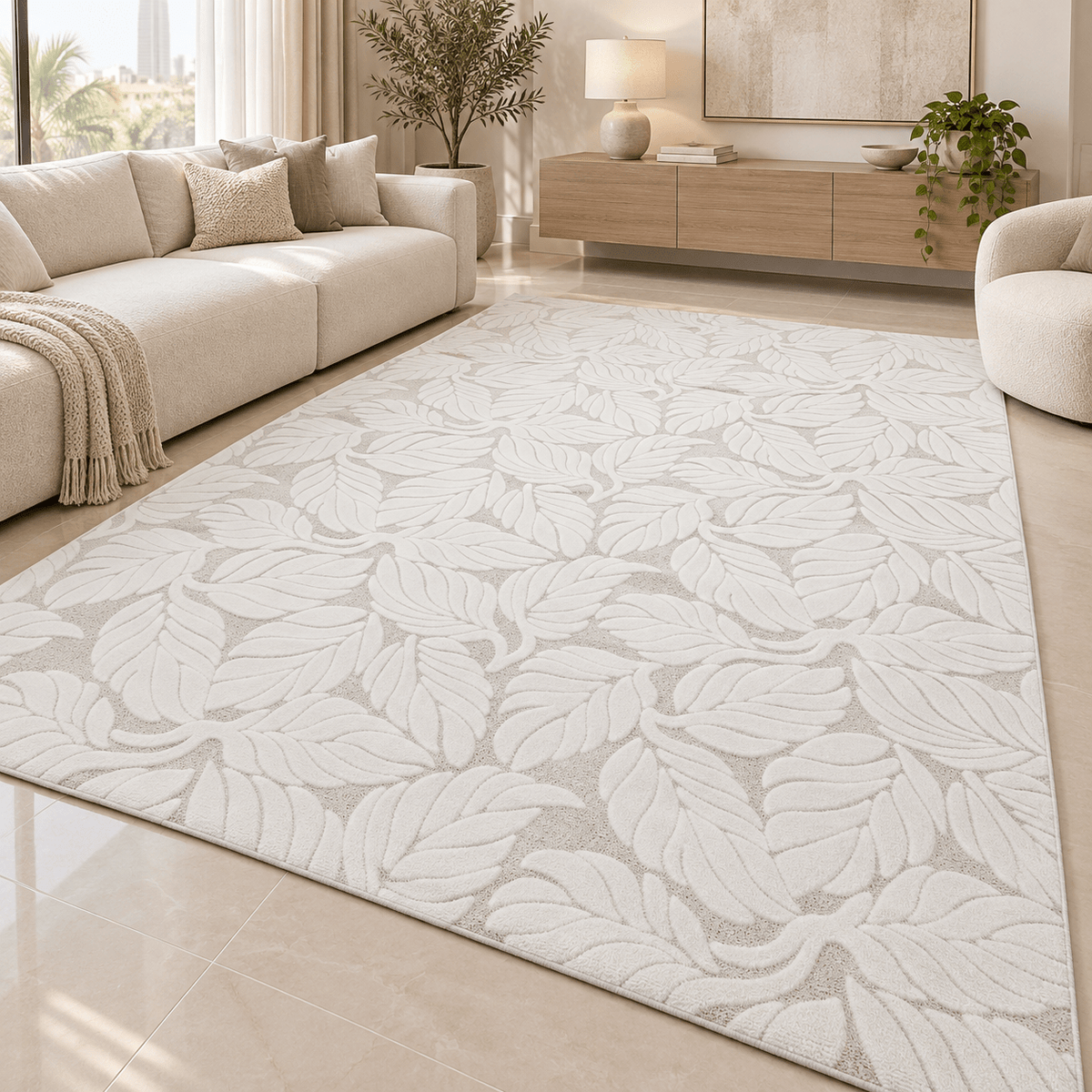 Modern 3D Leaf Pattern Carpet – White | 200 × 300 cm - SHAGHAF HOME