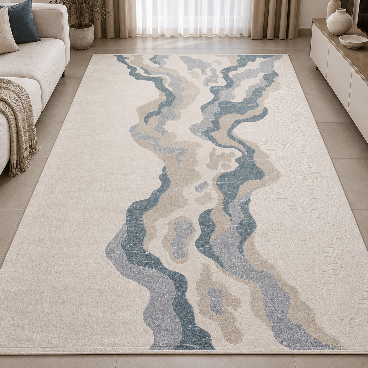 Modern Abstract Cream & Blue Area Rug 200×300 cm – Textured Large Carpet - SHAGHAF HOME