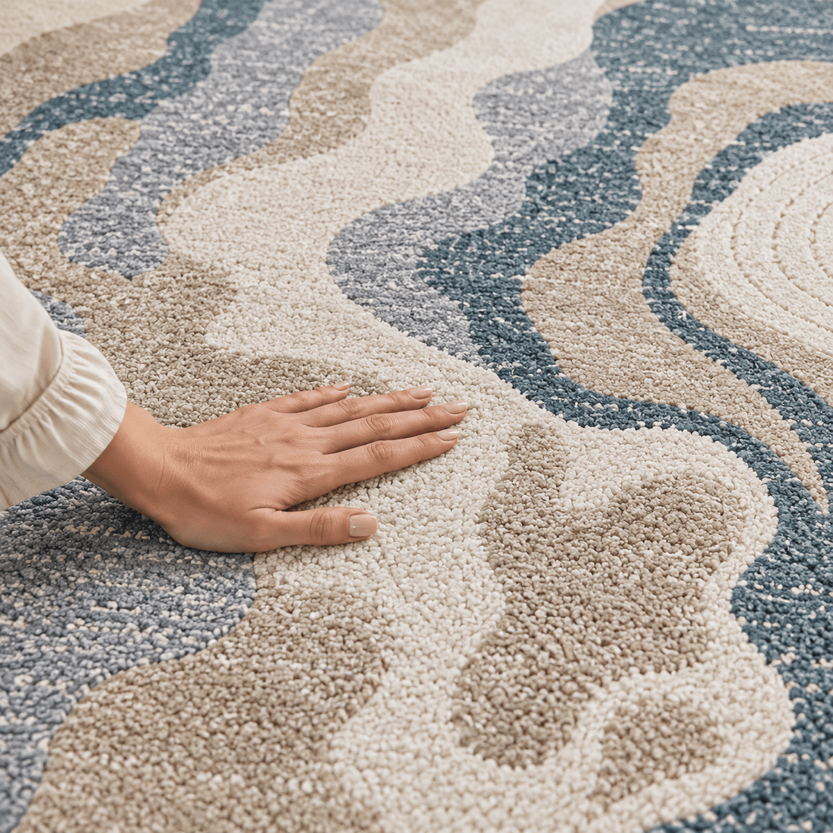 Modern Abstract Cream & Blue Area Rug 200×300 cm – Textured Large Carpet - SHAGHAF HOME