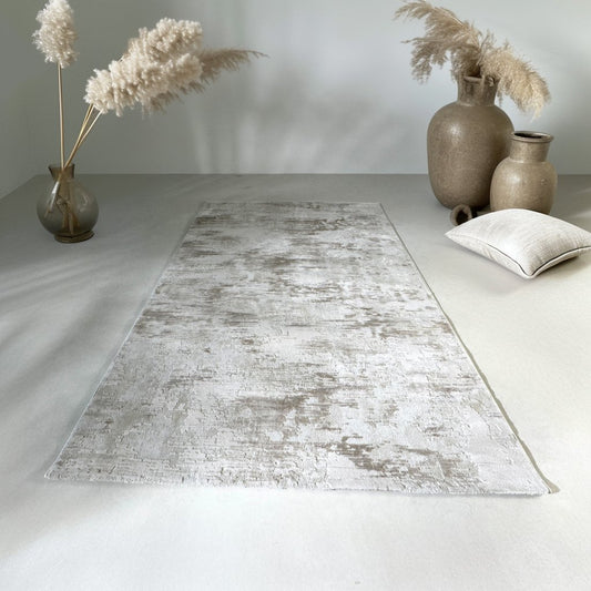 Modern Abstract Distressed Rug – Textured Silver and Beige Design - SHAGHAF HOME