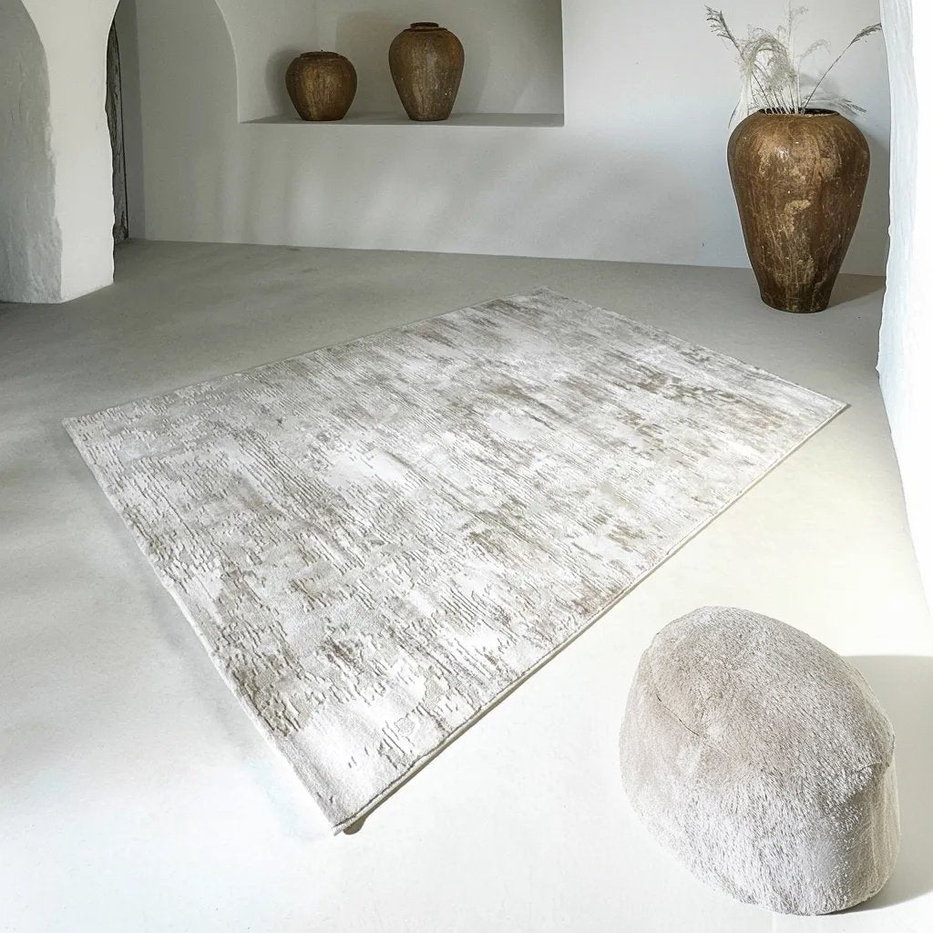 Modern Abstract Distressed Rug – Textured Silver and Beige Design - SHAGHAF HOME