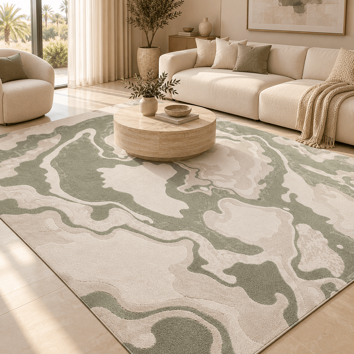 Modern Abstract Marble Pattern Carpet – Sage Green & Beige | 200 × 300 cm - SHAGHAF HOME