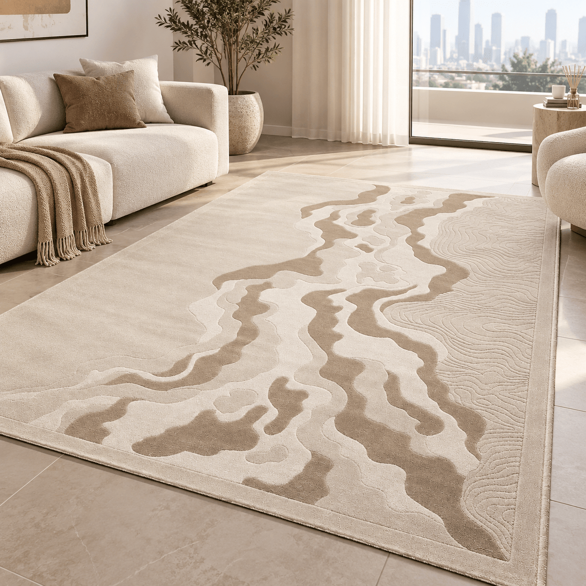 Modern Beige Abstract Rug 200×300 cm – Textured Luxury Carpet - SHAGHAF HOME