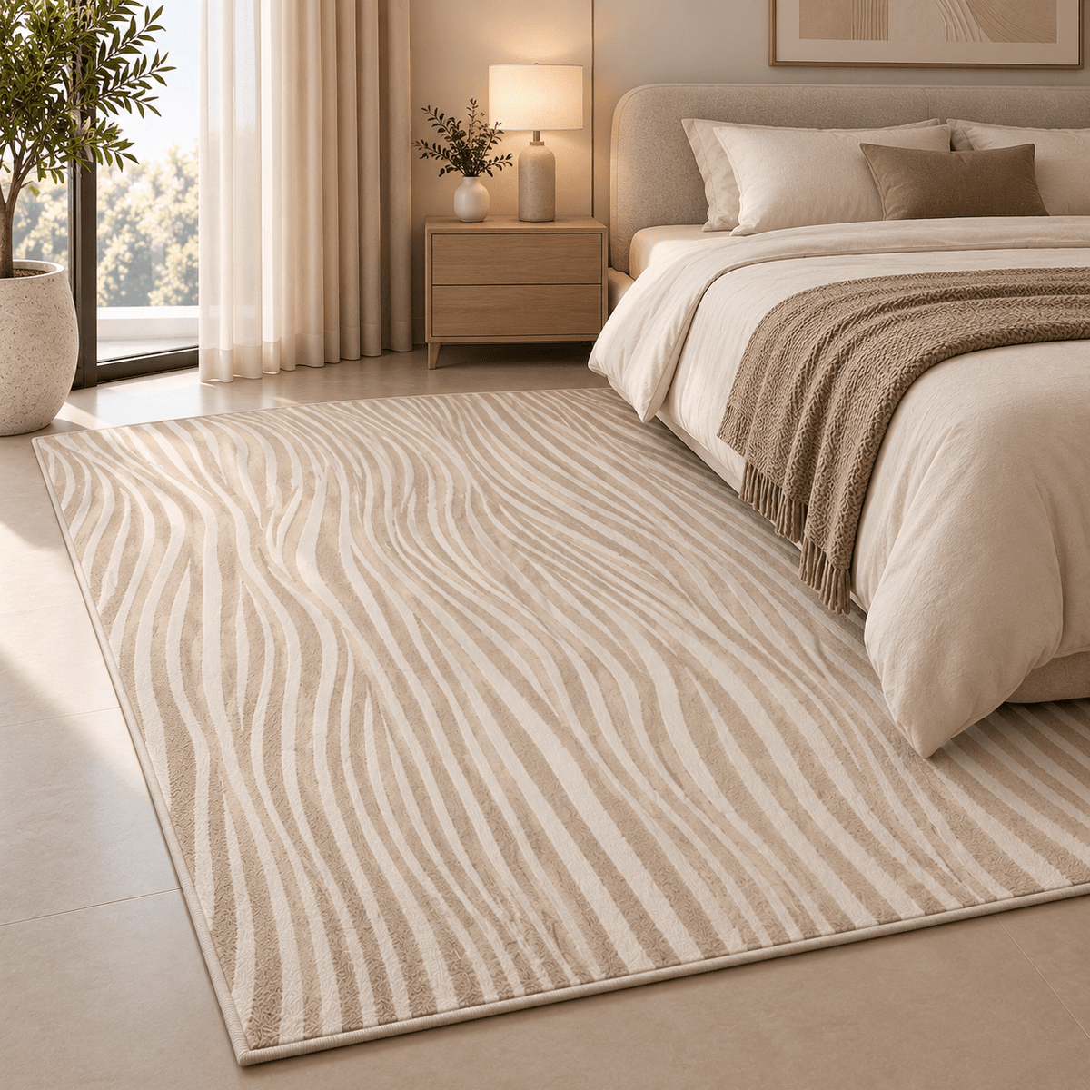 Modern Beige Wave Rug 150×230 cm – Abstract Textured Carpet - SHAGHAF HOME