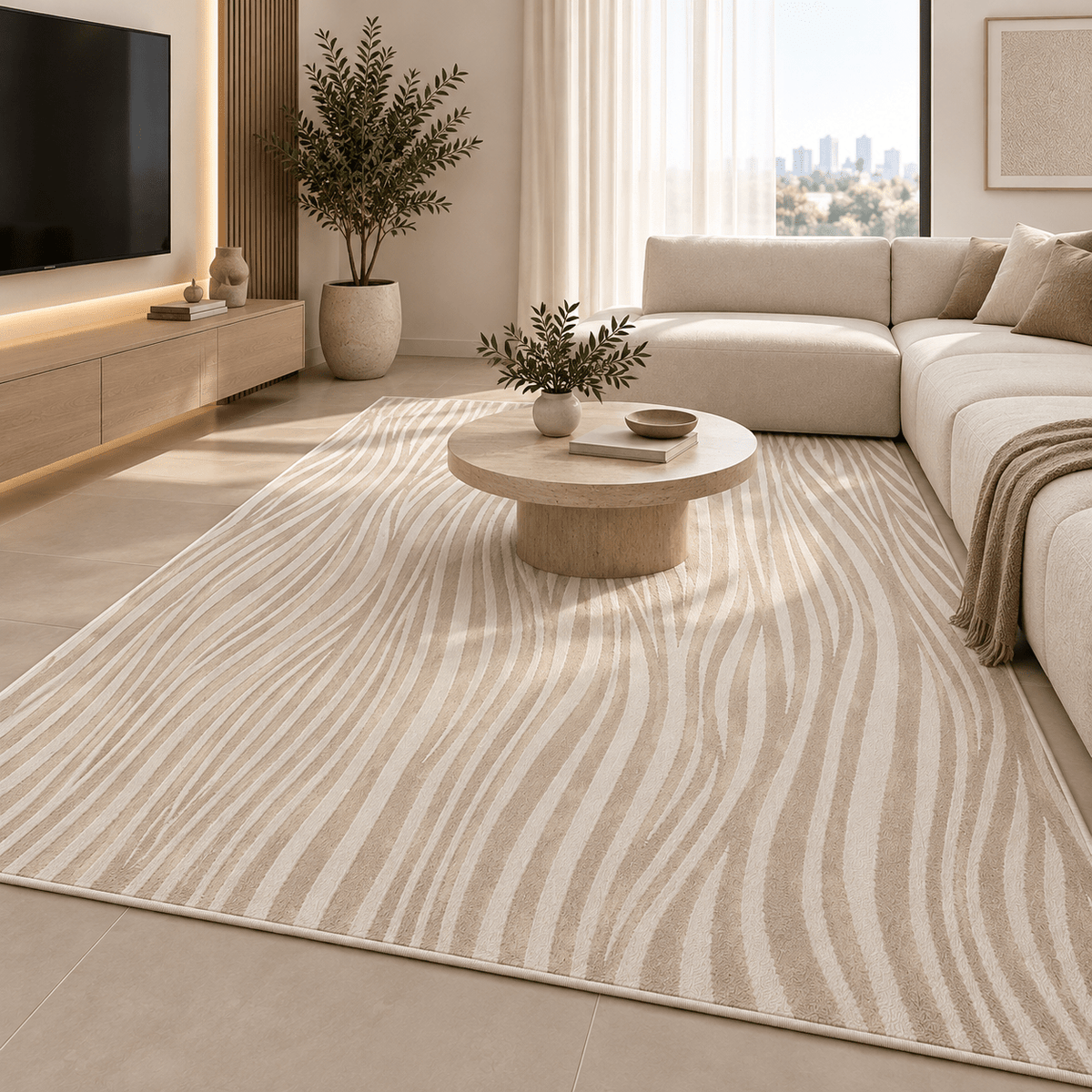 Modern Beige Wave Rug 150×230 cm – Abstract Textured Carpet - SHAGHAF HOME