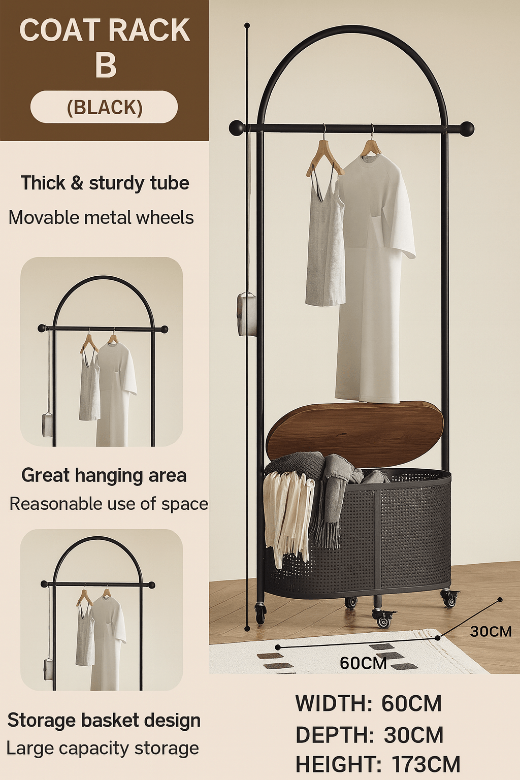 Modern Black Coat Rack with Storage Basket - SHAGHAF HOME