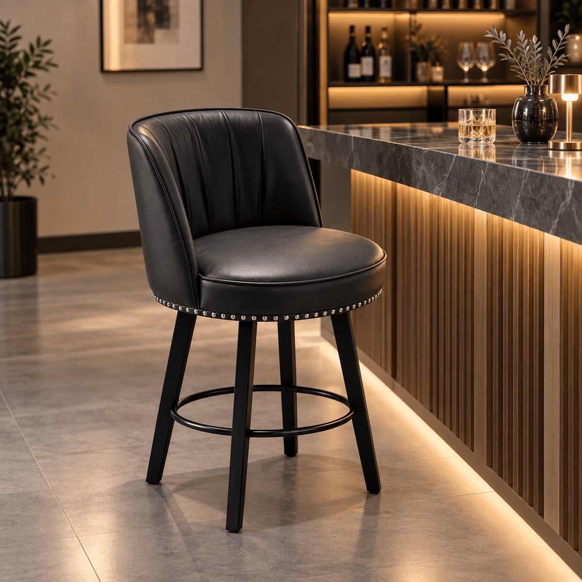 Modern Black Upholstered Bar Stool with Backrest & Footrest - SHAGHAF HOME