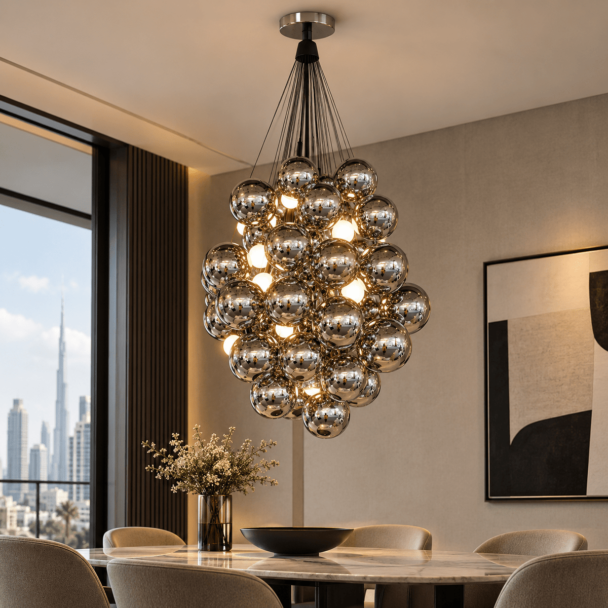 Modern Chrome Bubble Cluster Pendant Light 72 balls – Adjustable Hanging Chandelier - SHAGHAF HOME