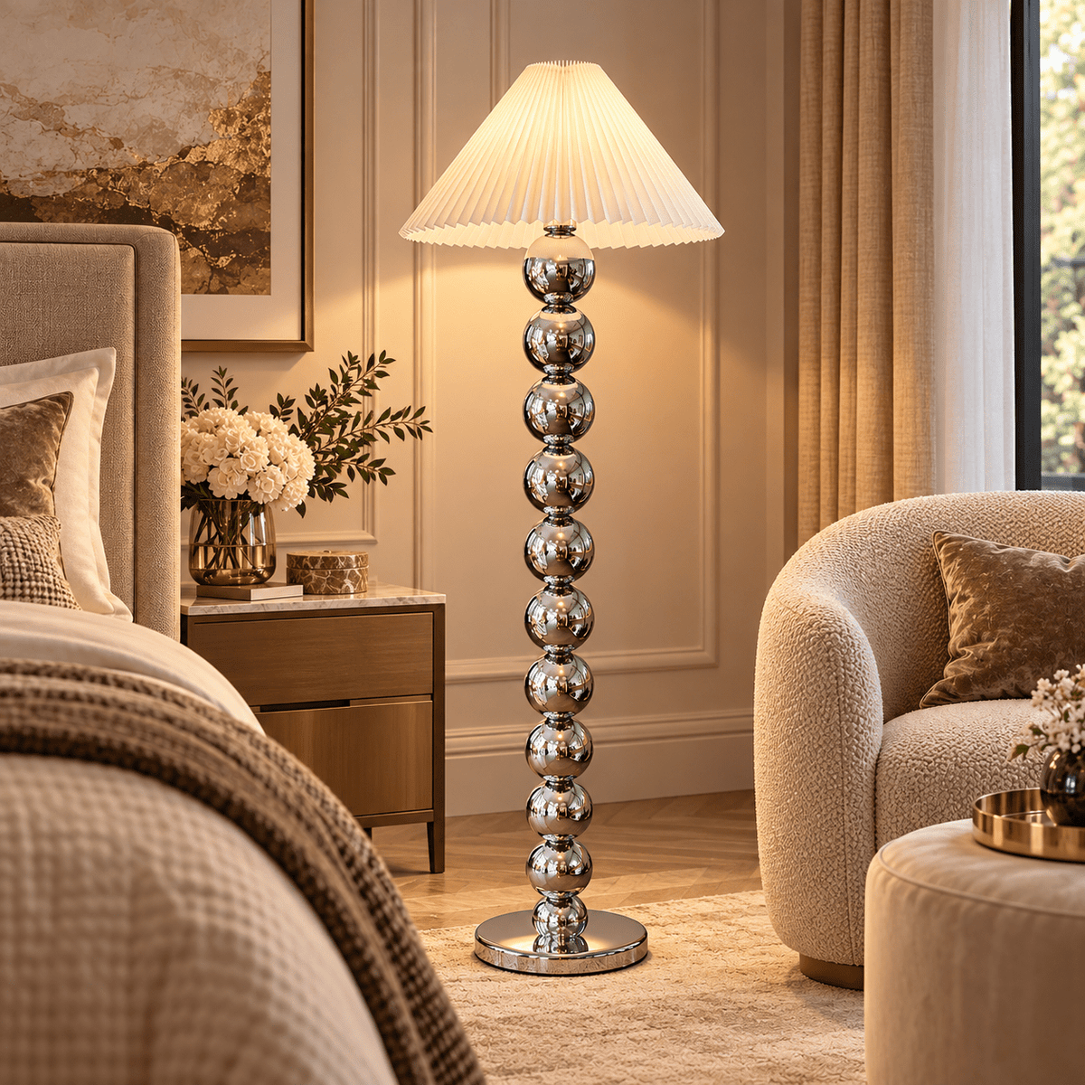 Modern Chrome Sphere Floor Lamp with Pleated Shade – Silver | 160 cm - SHAGHAF HOME