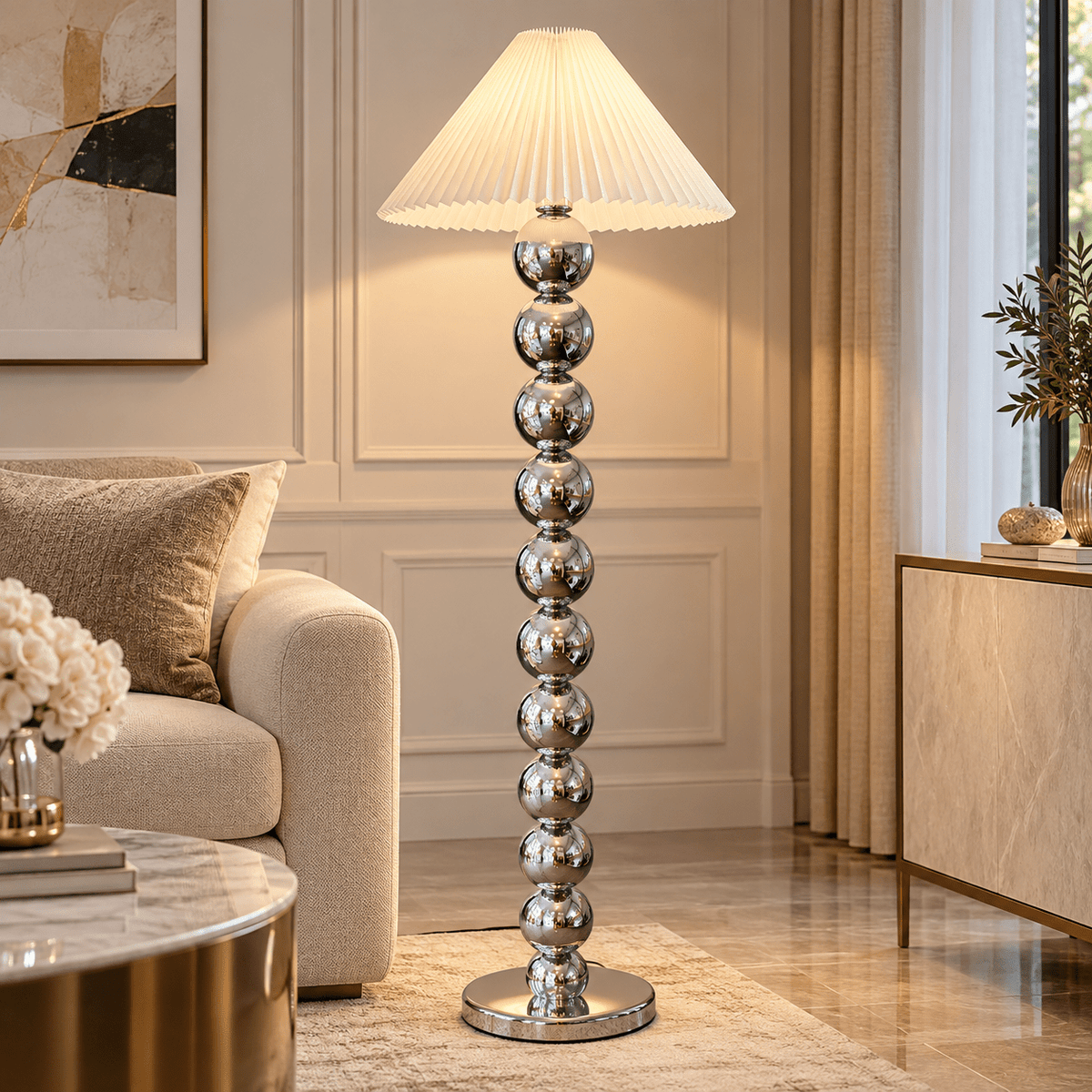 Modern Chrome Sphere Floor Lamp with Pleated Shade – Silver | 160 cm - SHAGHAF HOME