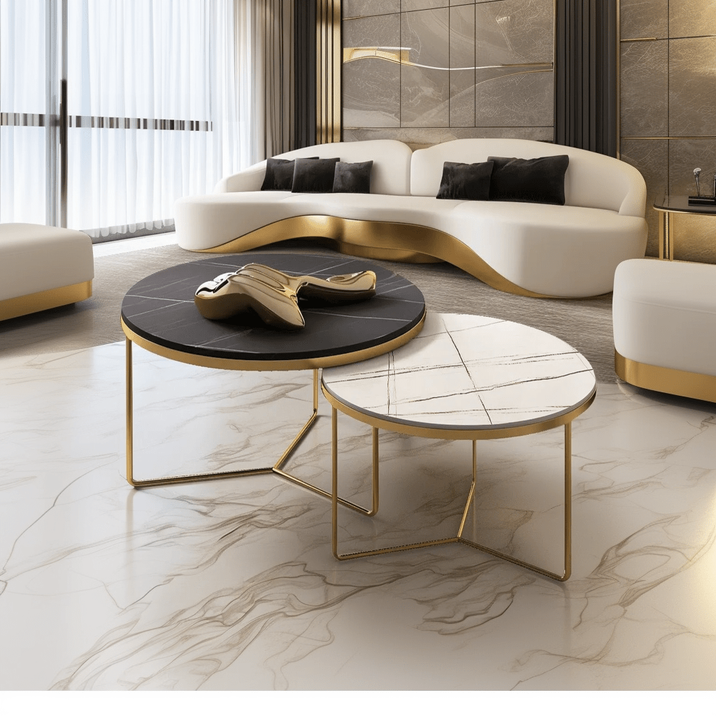 Modern Coffee Table Set – Black & White Marble with Gold Accents - SHAGHAF HOME