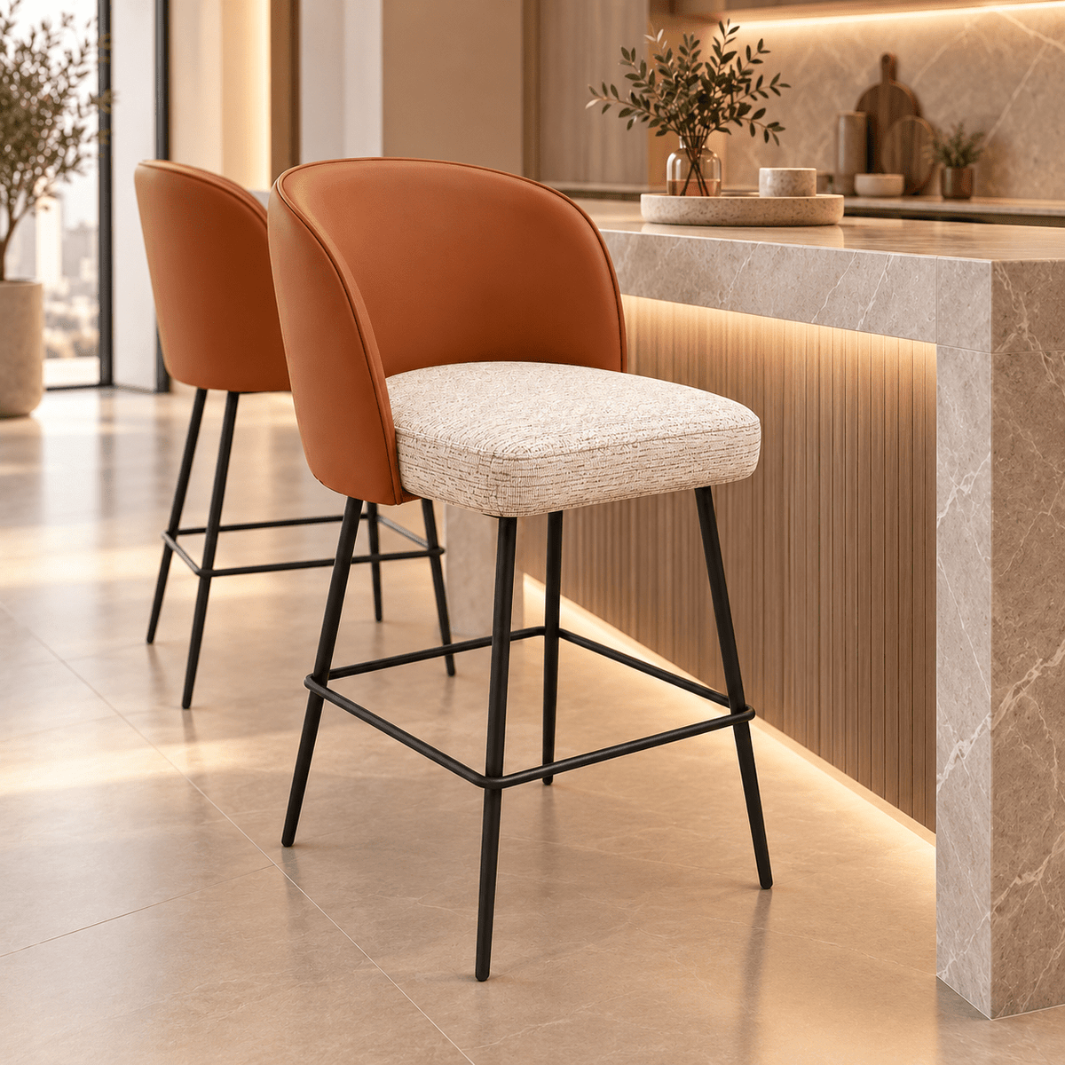 Modern Cognac Faux Leather & Beige Fabric Bar Stool - SHAGHAF HOME