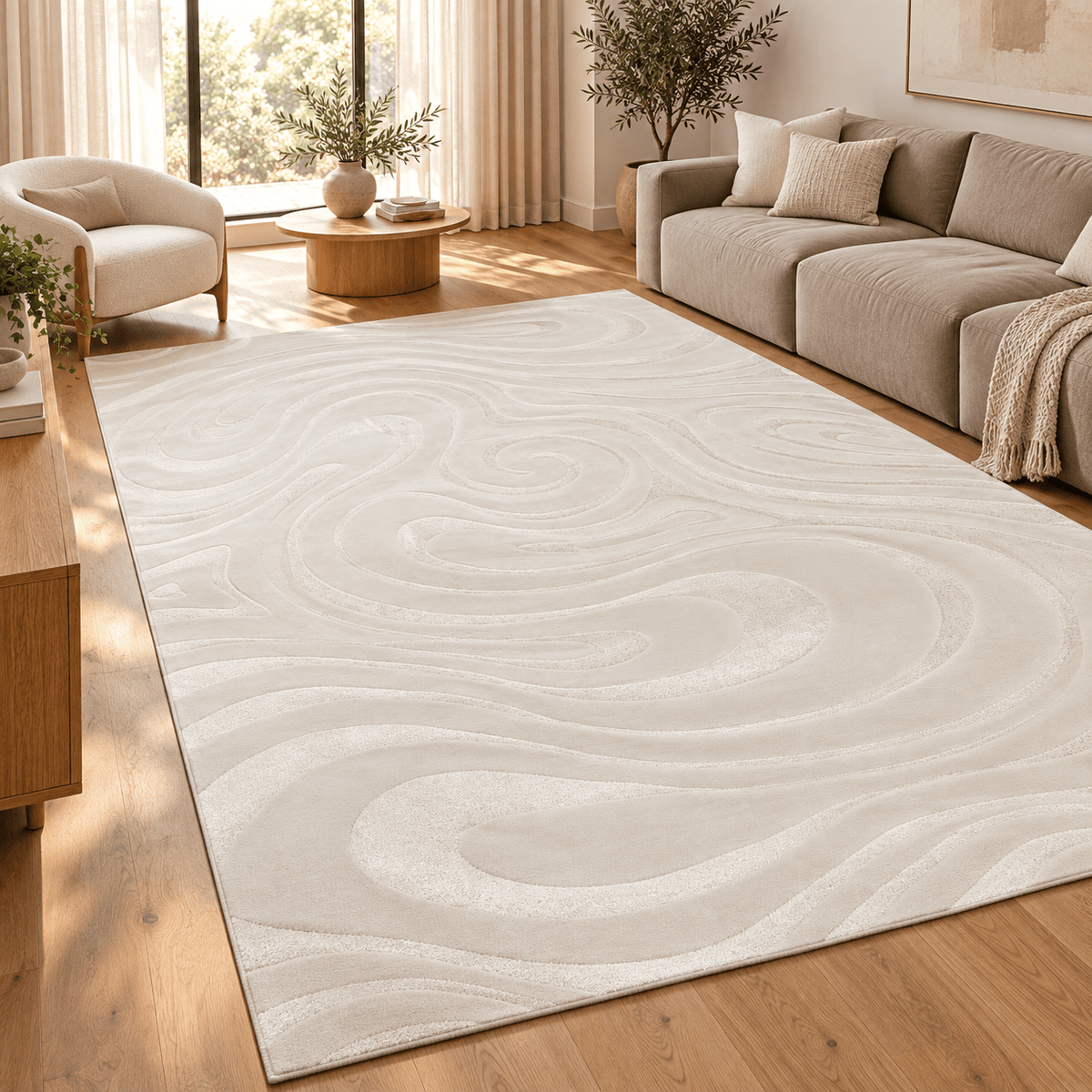 Modern Cream Swirl Rug – Large Textured Area Carpet - SHAGHAF HOME