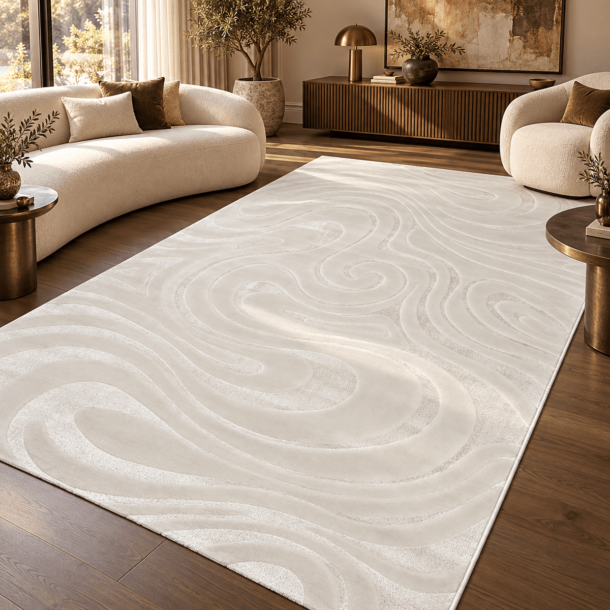 Modern Cream Swirl Rug – Large Textured Area Carpet - SHAGHAF HOME