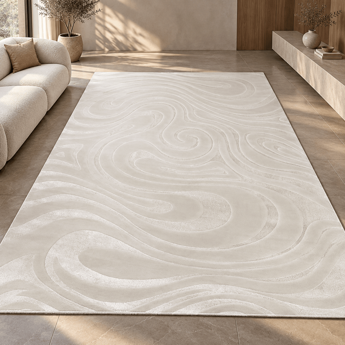 Modern Cream Swirl Rug – Large Textured Area Carpet - SHAGHAF HOME