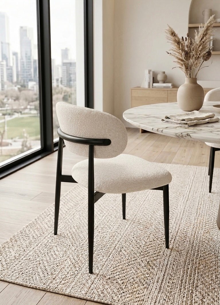 Modern Curved - Back Dining Chair with Metal Base – Light Textured Fabric - SHAGHAF HOME