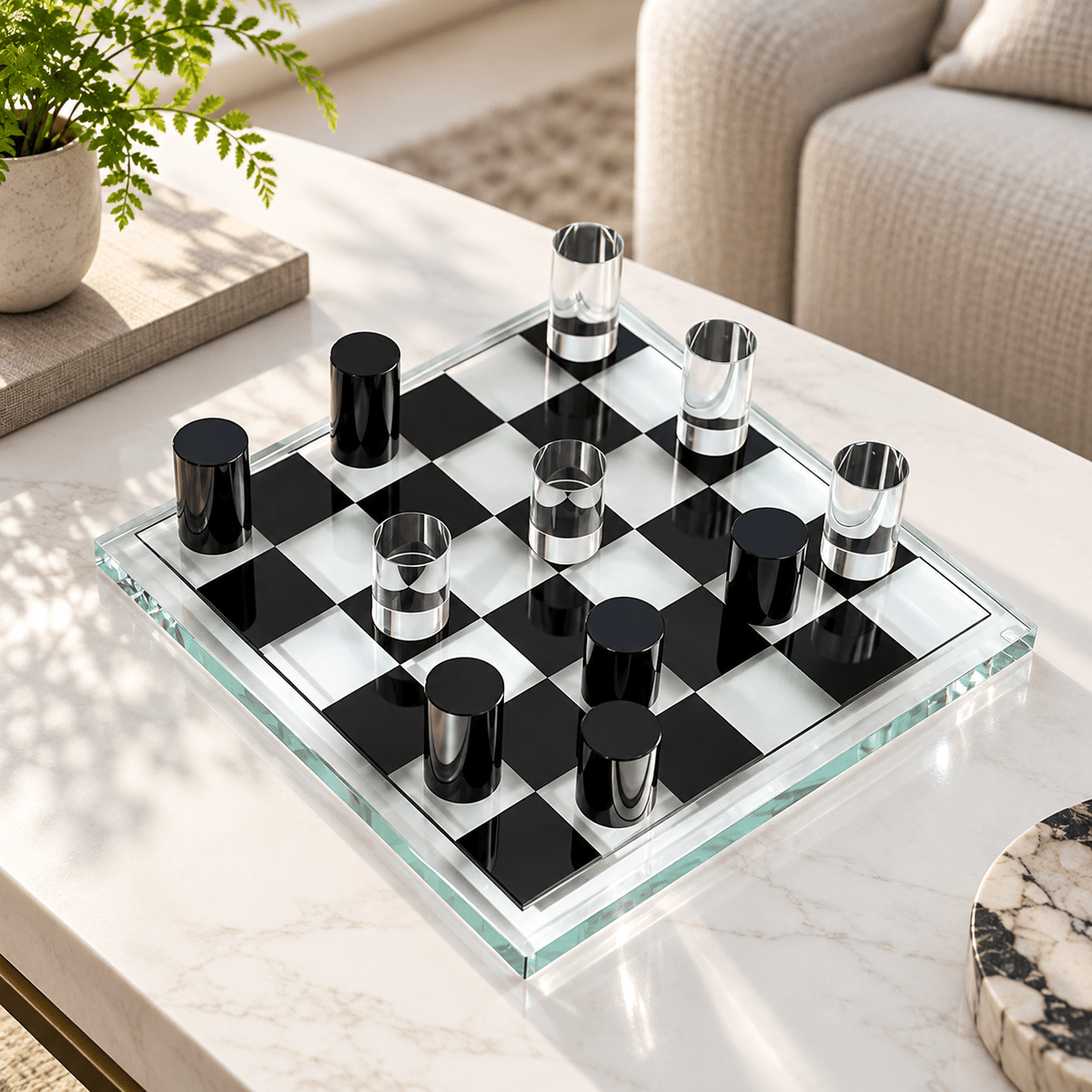 Modern Glass Chess Board Game – Black & Clear | 28 × 28 cm - SHAGHAF HOME