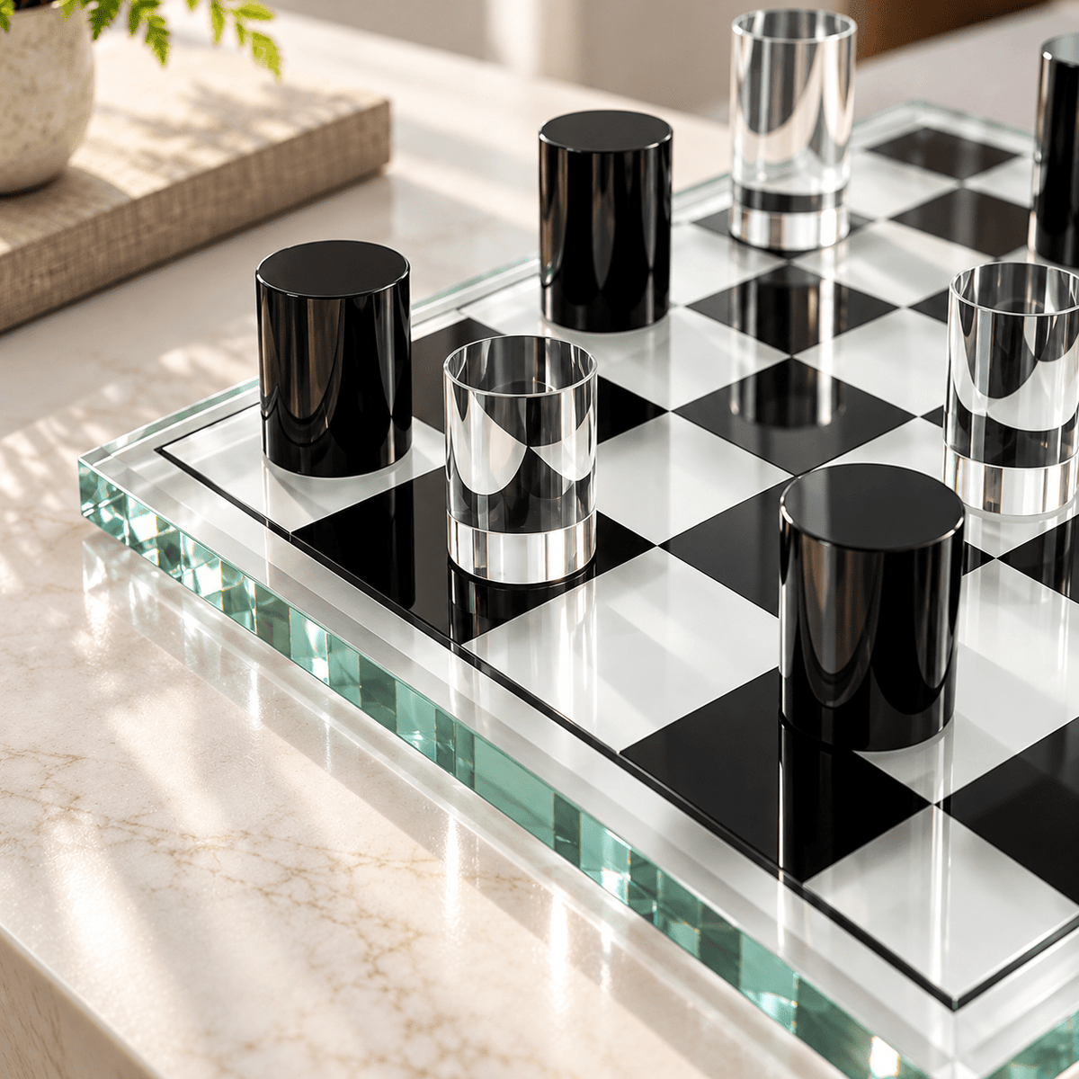 Modern Glass Chess Board Game – Black & Clear | 28 × 28 cm - SHAGHAF HOME