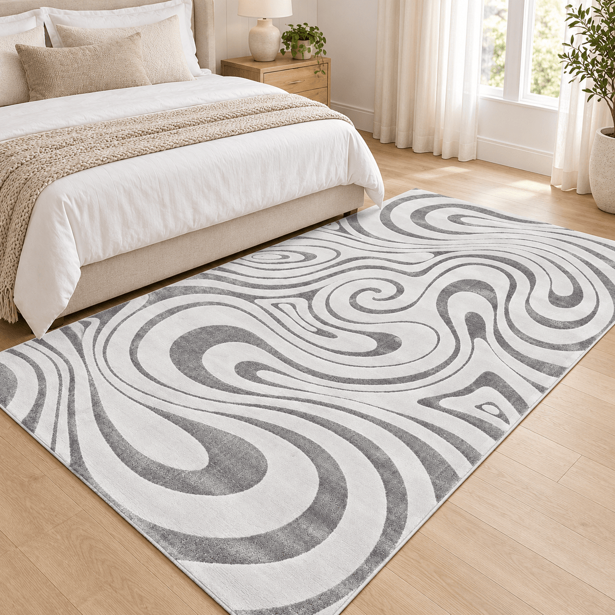 Modern Grey & White Swirl Rug – Abstract Large Area Carpet - SHAGHAF HOME