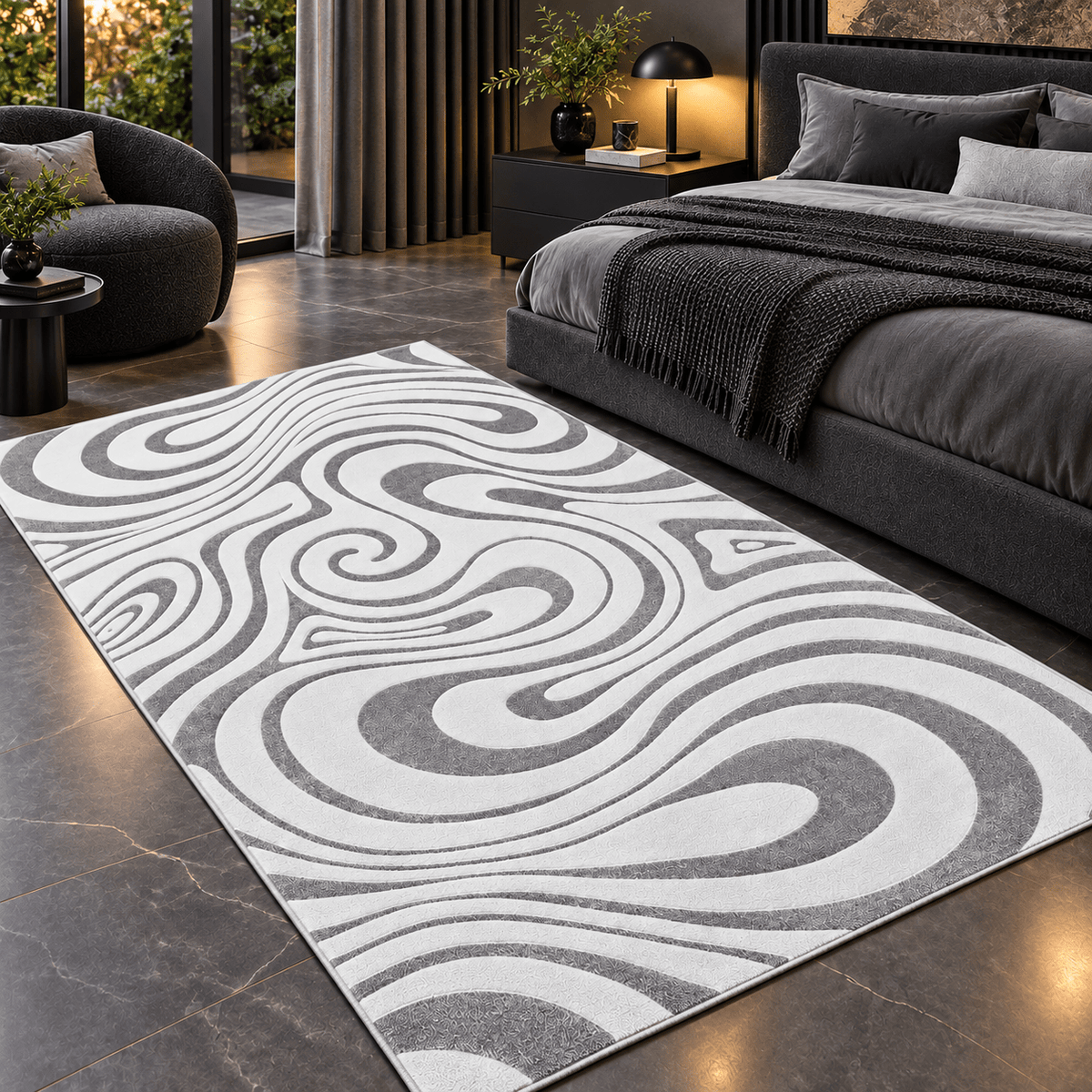 Modern Grey & White Swirl Rug – Abstract Large Area Carpet - SHAGHAF HOME