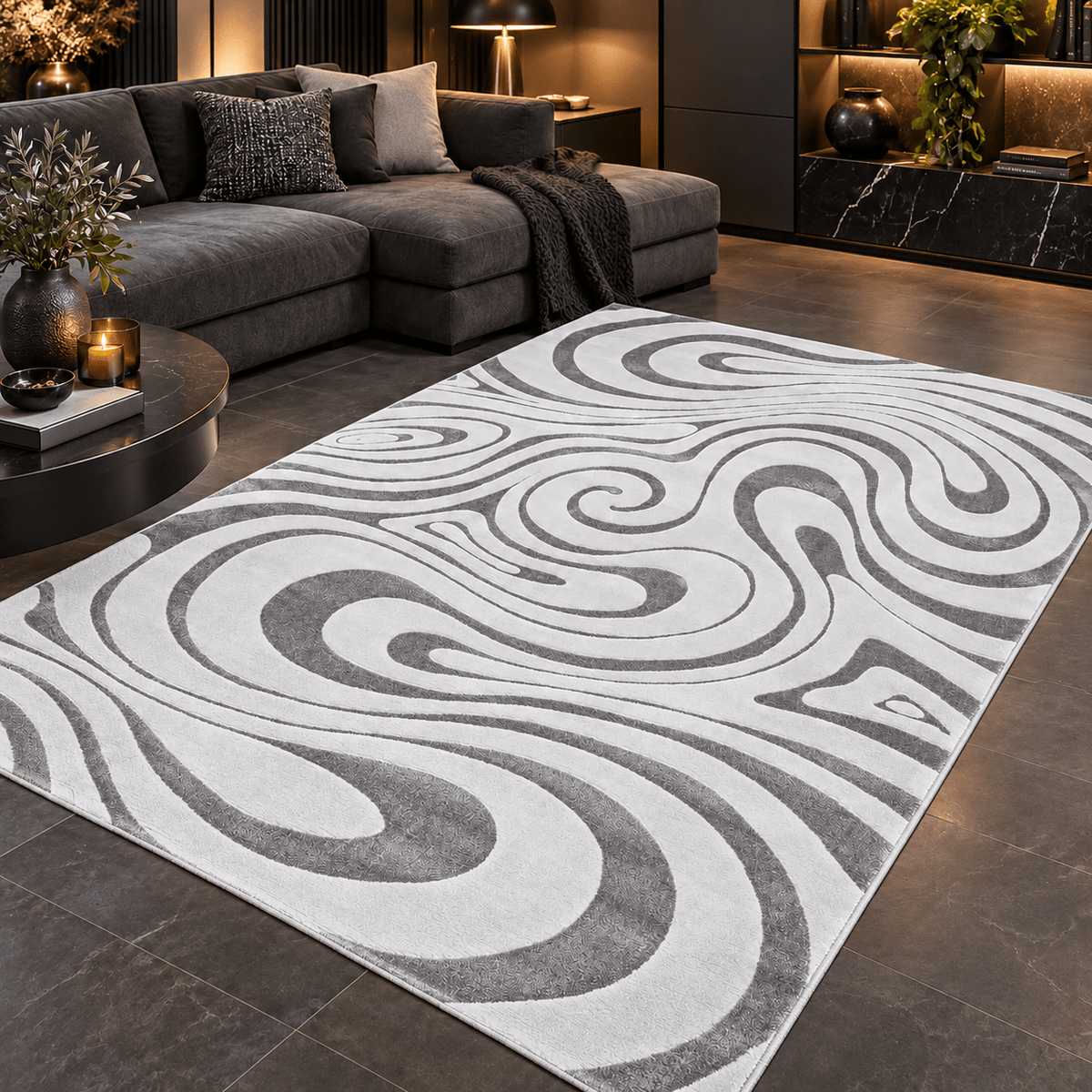 Modern Grey & White Swirl Rug – Abstract Large Area Carpet - SHAGHAF HOME