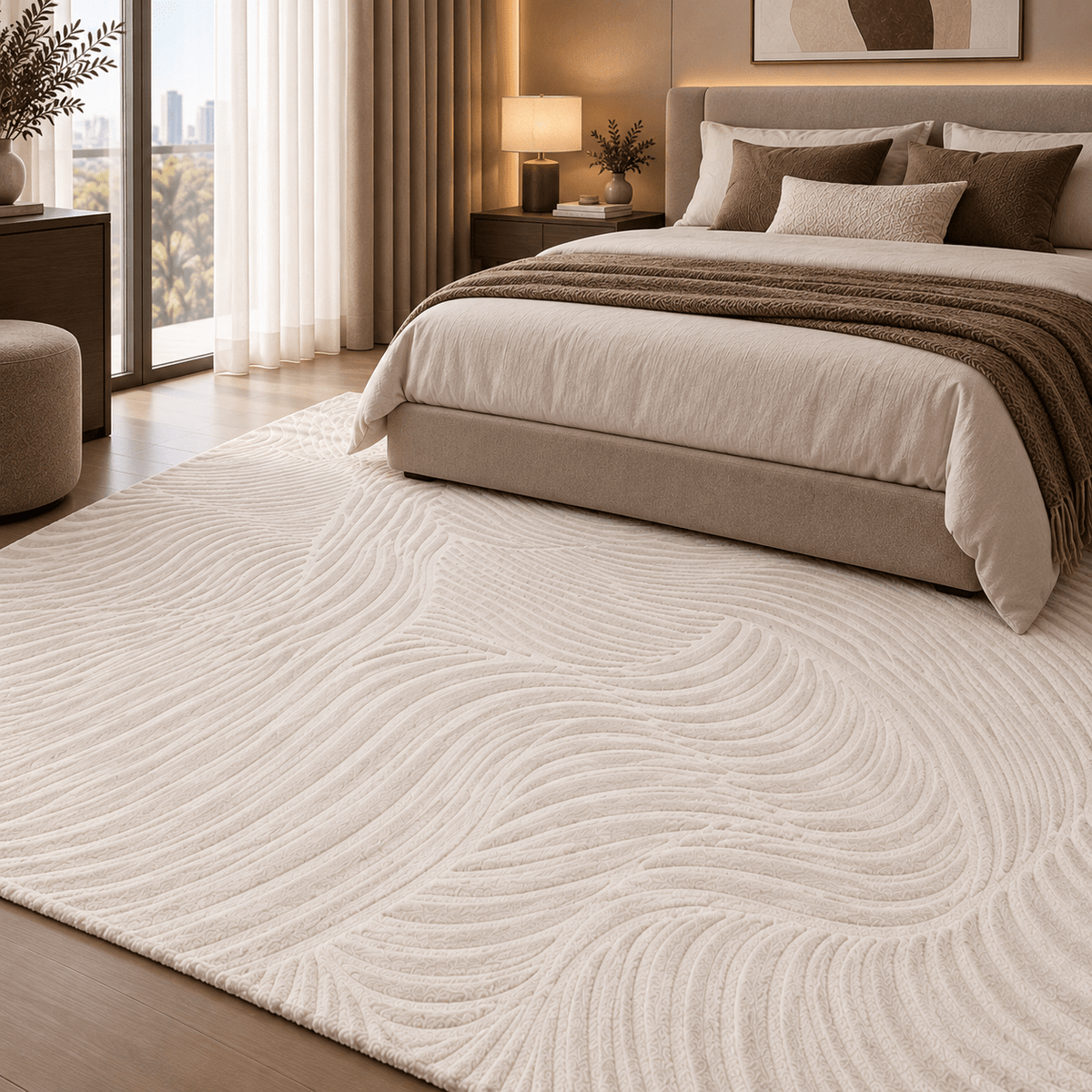Modern Ivory Beige Wave Textured Rug 200×300 cm – Sculpted Abstract Carpet - SHAGHAF HOME
