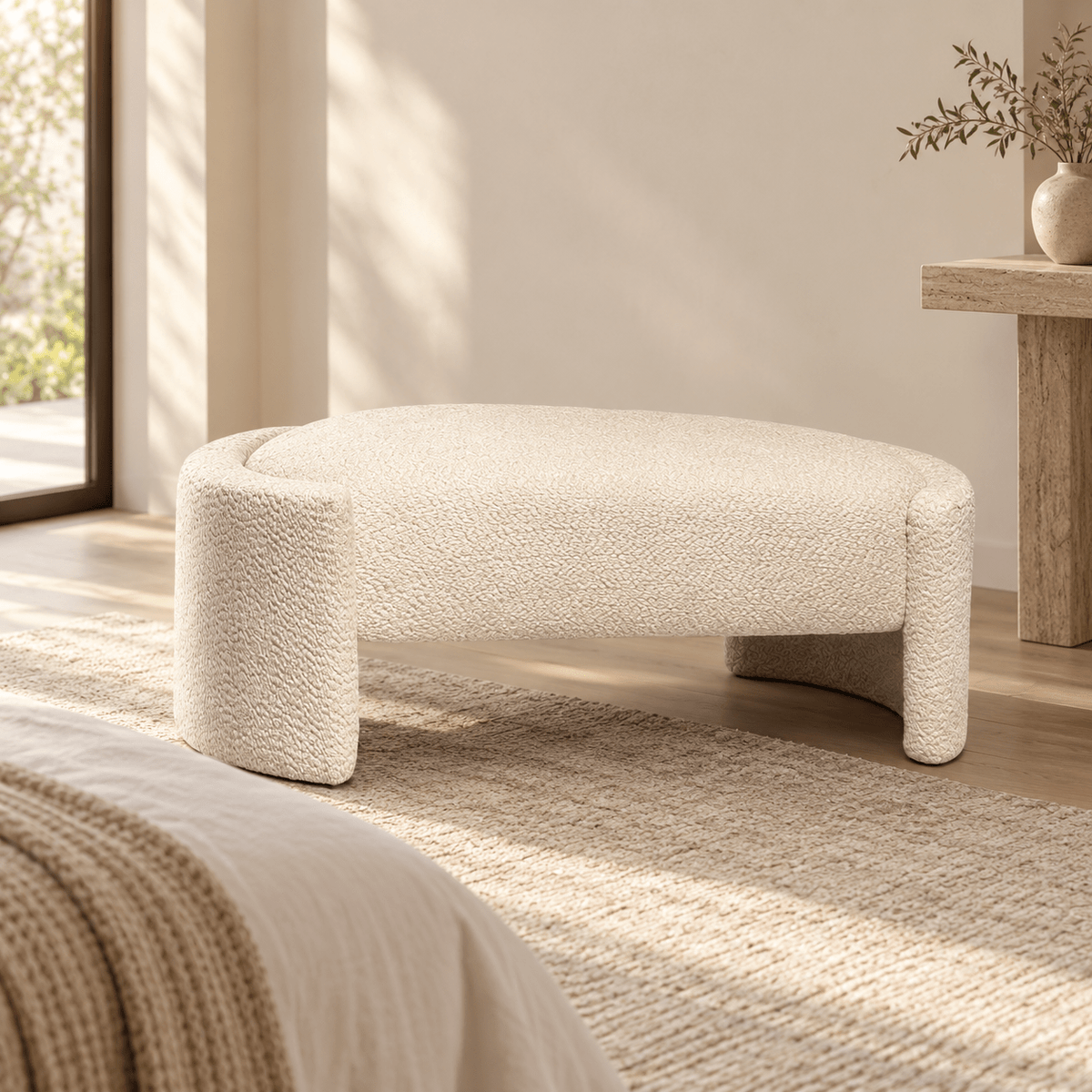 Modern Ivory Bouclé Upholstered Bench - SHAGHAF HOME