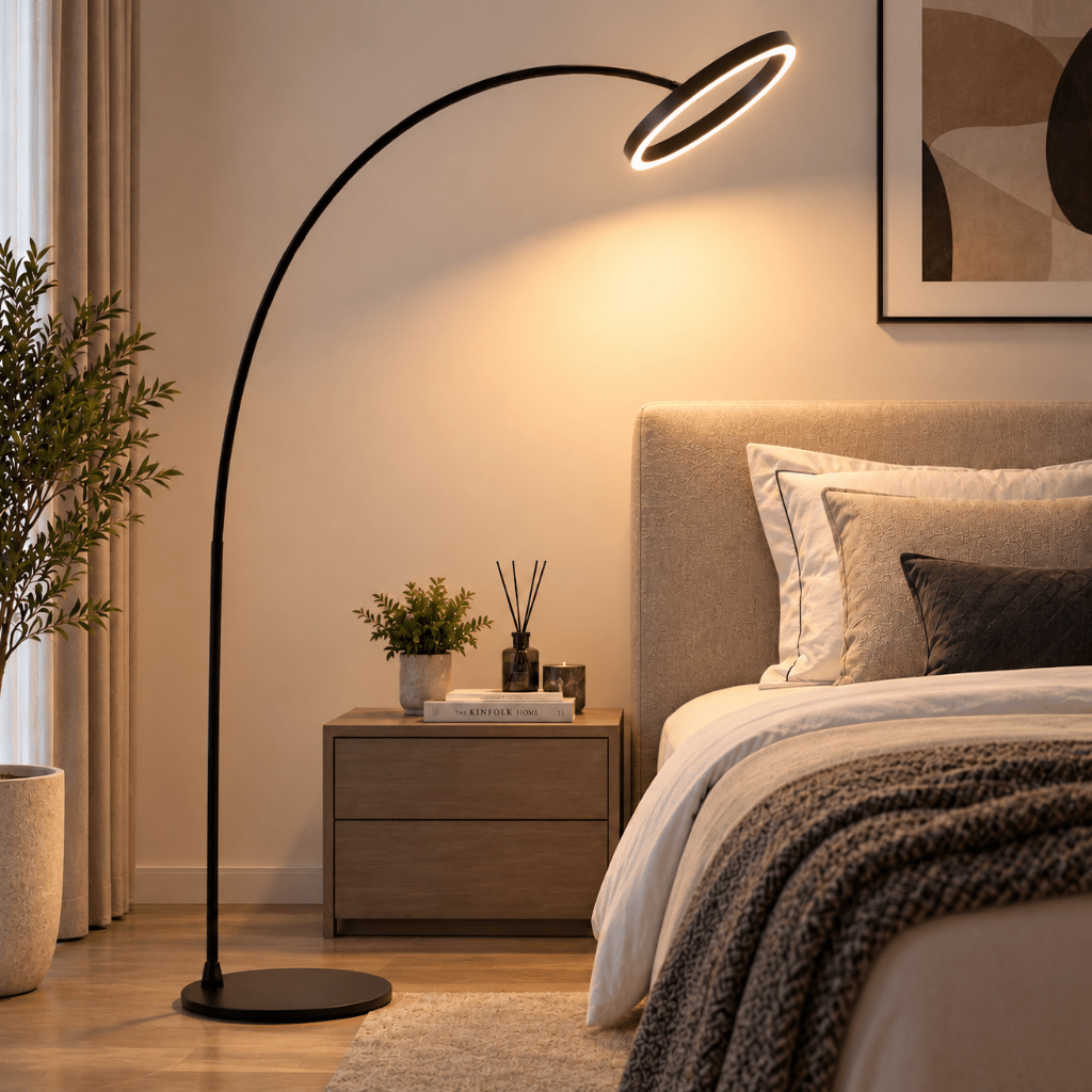 Modern LED Arc Floor Lamp – Black Ring Standing Lamp for Living Room & Bedroom - SHAGHAF HOME