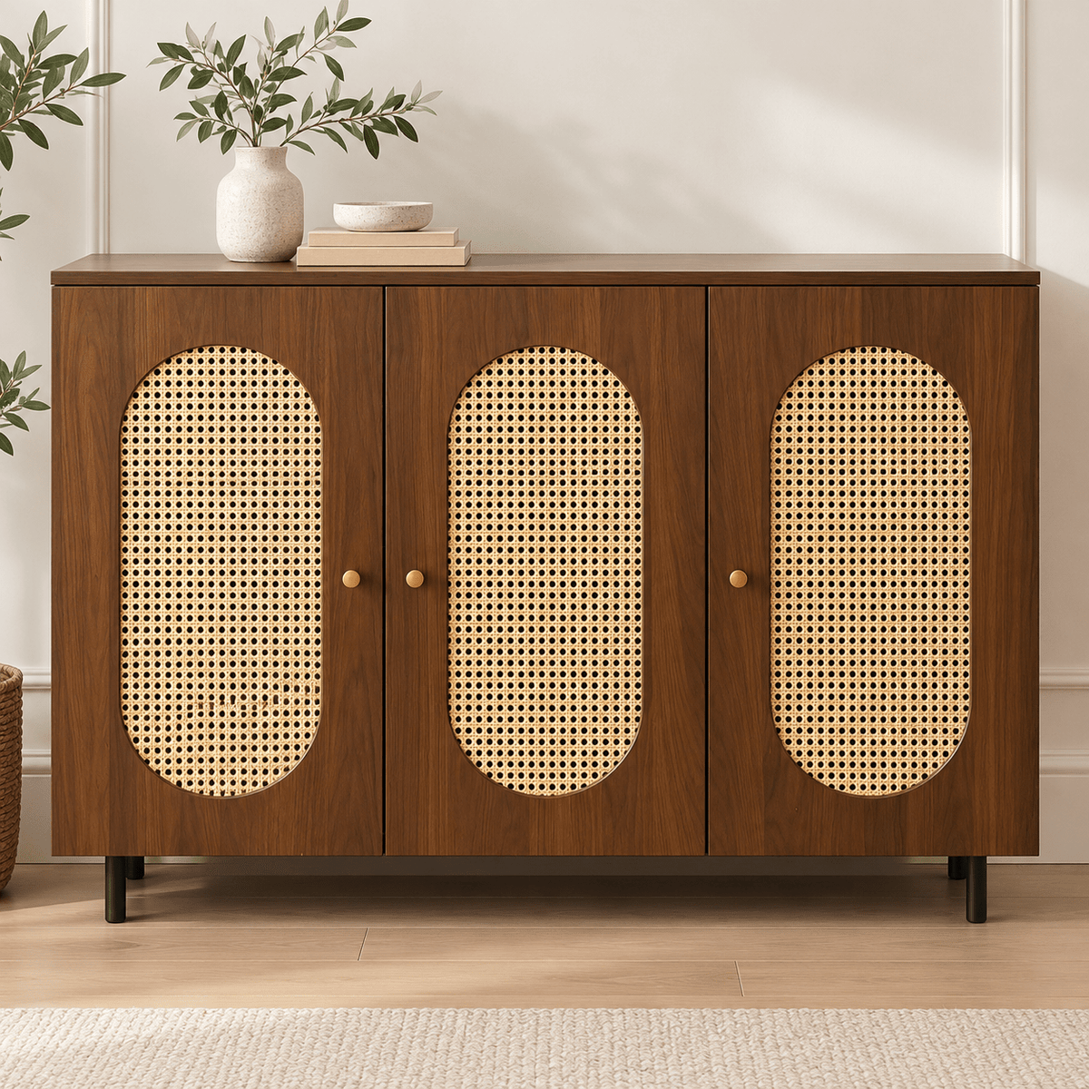 Modern MDF Sideboard Cabinet with Rattan Cane Doors 120×95×35 cm - SHAGHAF HOME