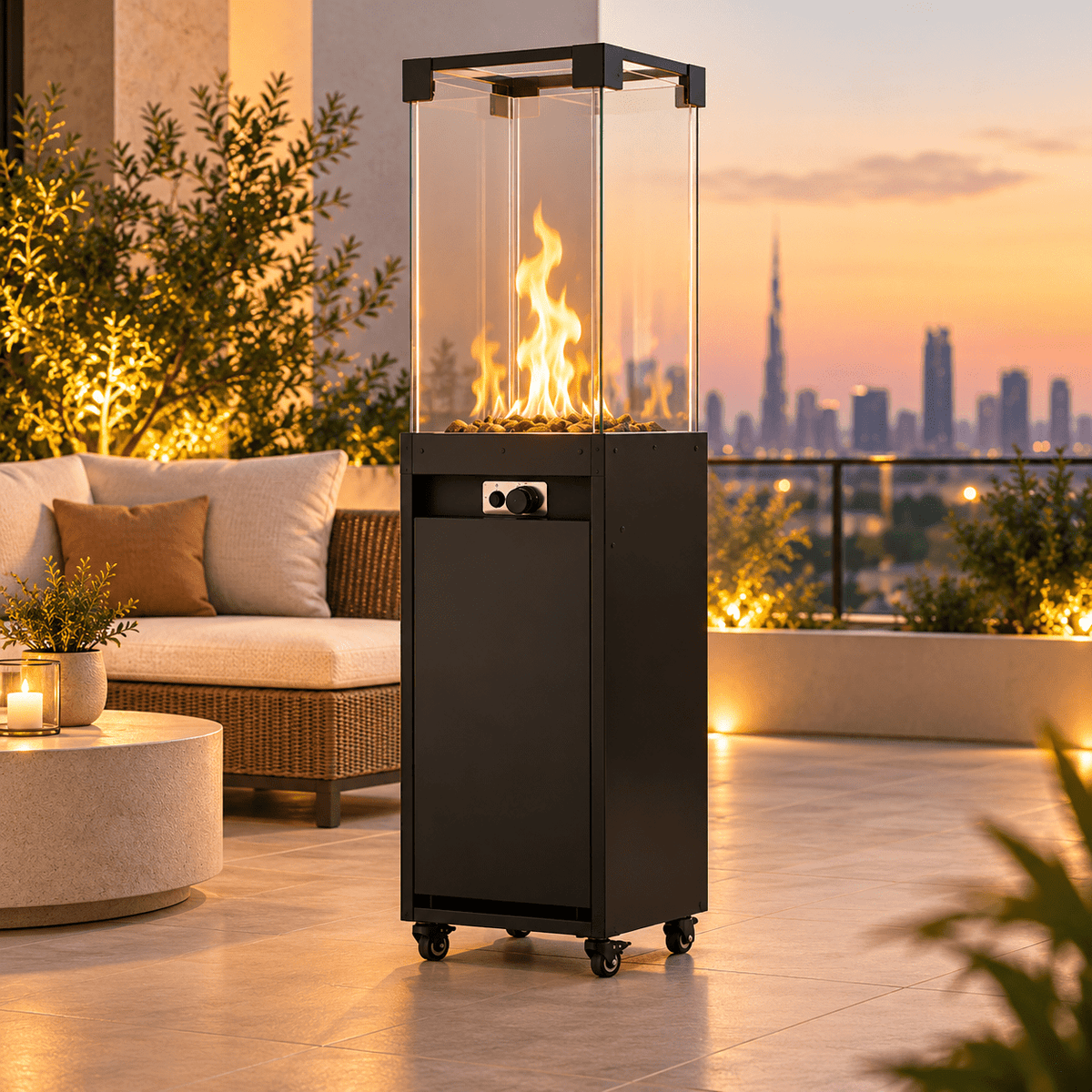 Modern Outdoor Gas Patio Heater with Glass Flame Column - SHAGHAF HOME