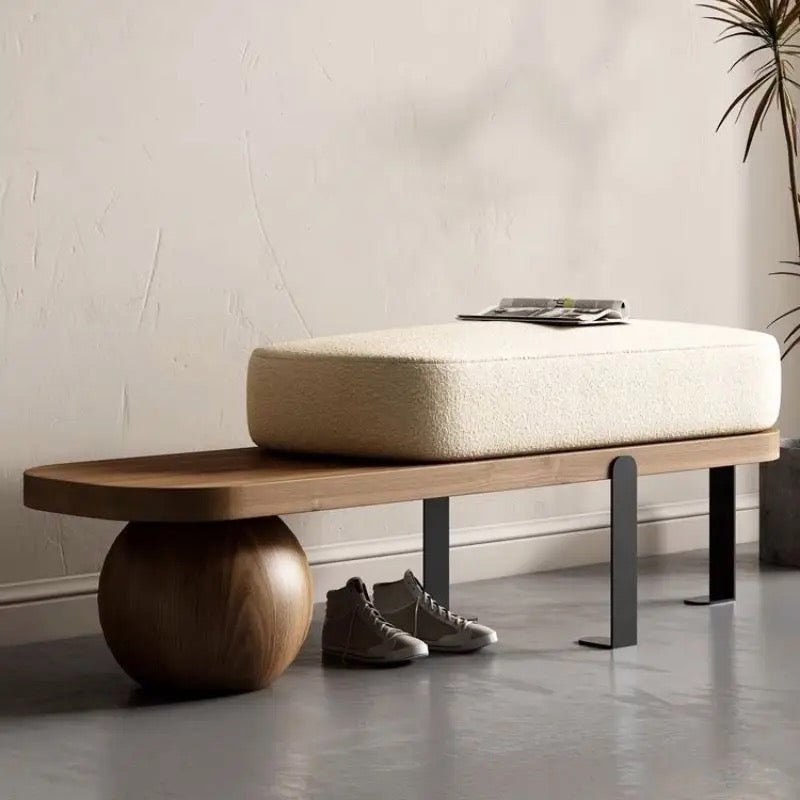 Modern Pine Wood Bench – Minimalist Design with Boucle Fabric Cushion - SHAGHAF HOME