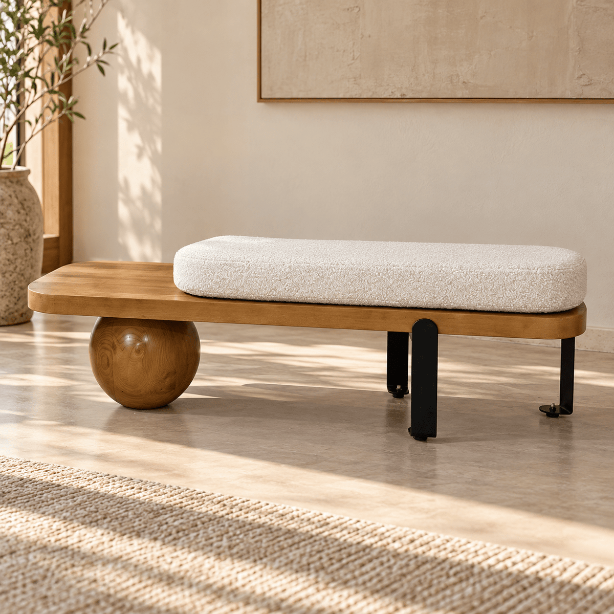 Modern Pine Wood Bench – Minimalist Design with Boucle Fabric Cushion - SHAGHAF HOME