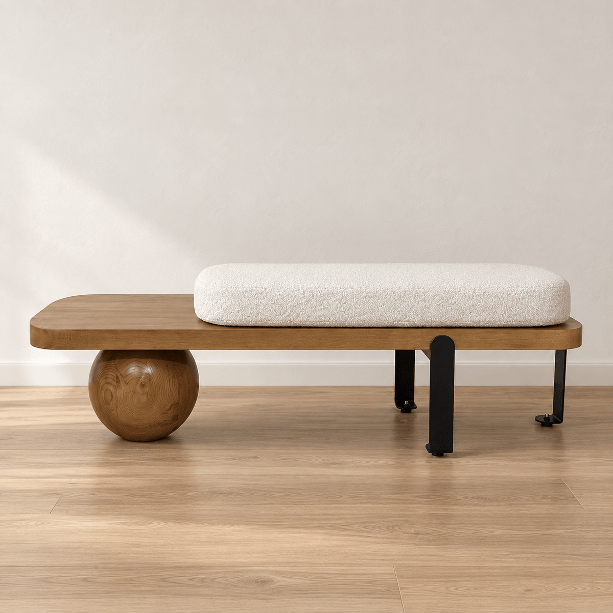 Modern Pine Wood Bench – Minimalist Design with Boucle Fabric Cushion - SHAGHAF HOME