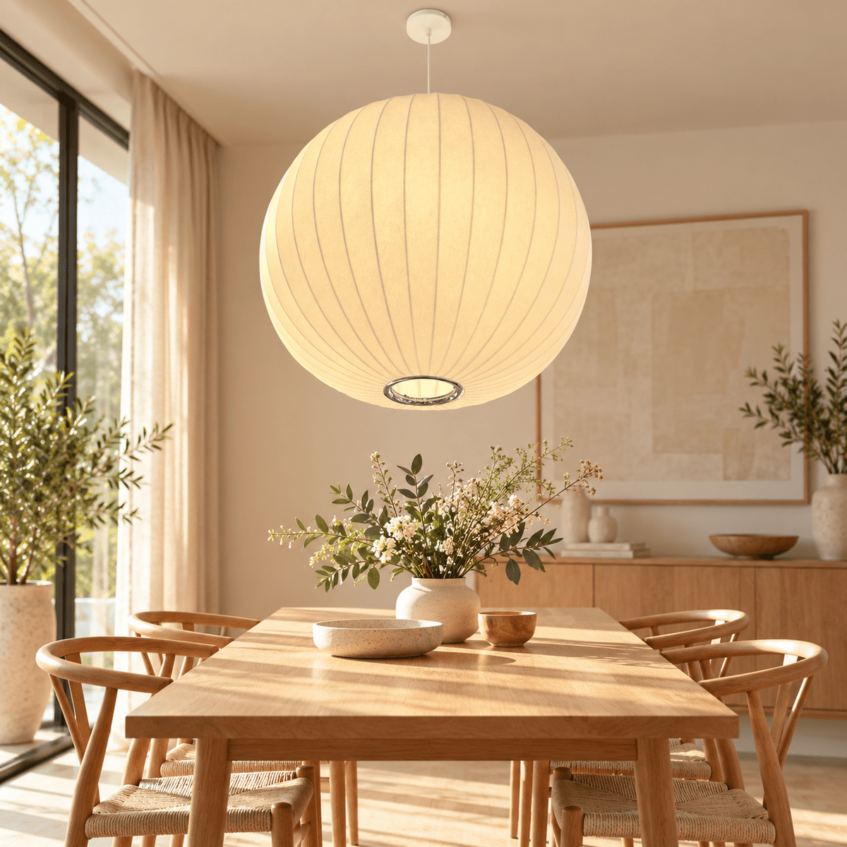 Modern Ribbed Globe Pendant Light 50 cm – Ivory Hanging Ceiling Lamp - SHAGHAF HOME