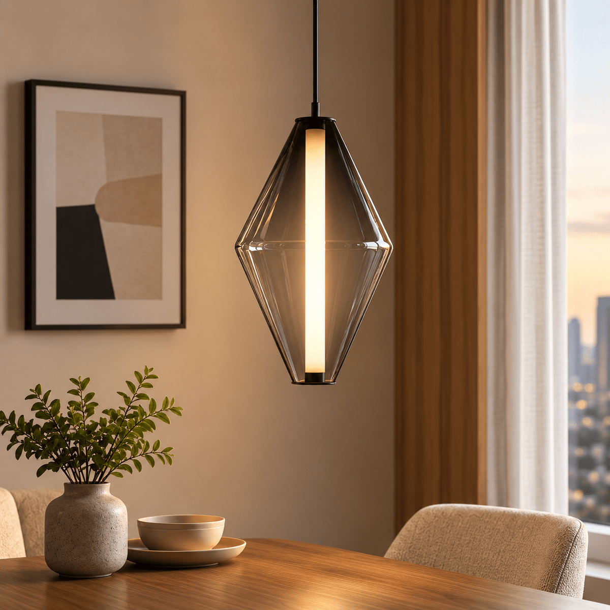 Modern Smoked Glass LED Pendant Light – Geometric Hanging Lamp - SHAGHAF HOME