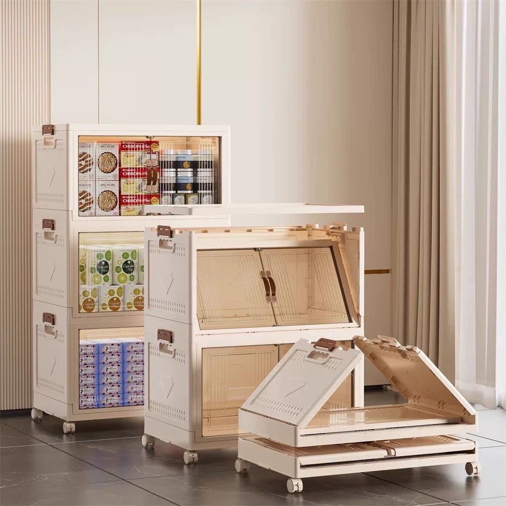 Modern Stackable Plastic Storage Cabinet with Clear Doors & Wheels - SHAGHAF HOME