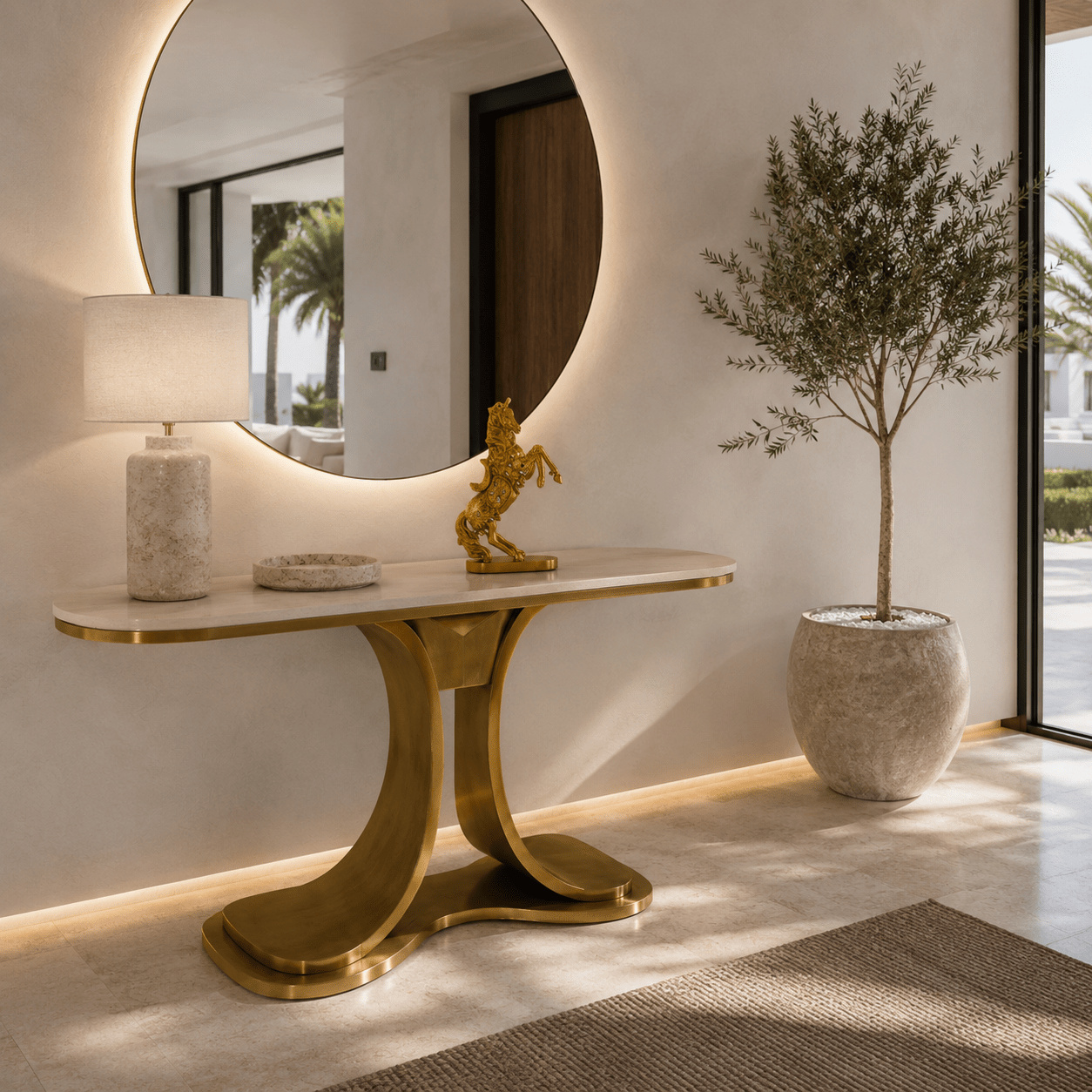 Modern Stone Console Table with Matte Gold Stainless Steel Base - SHAGHAF HOME