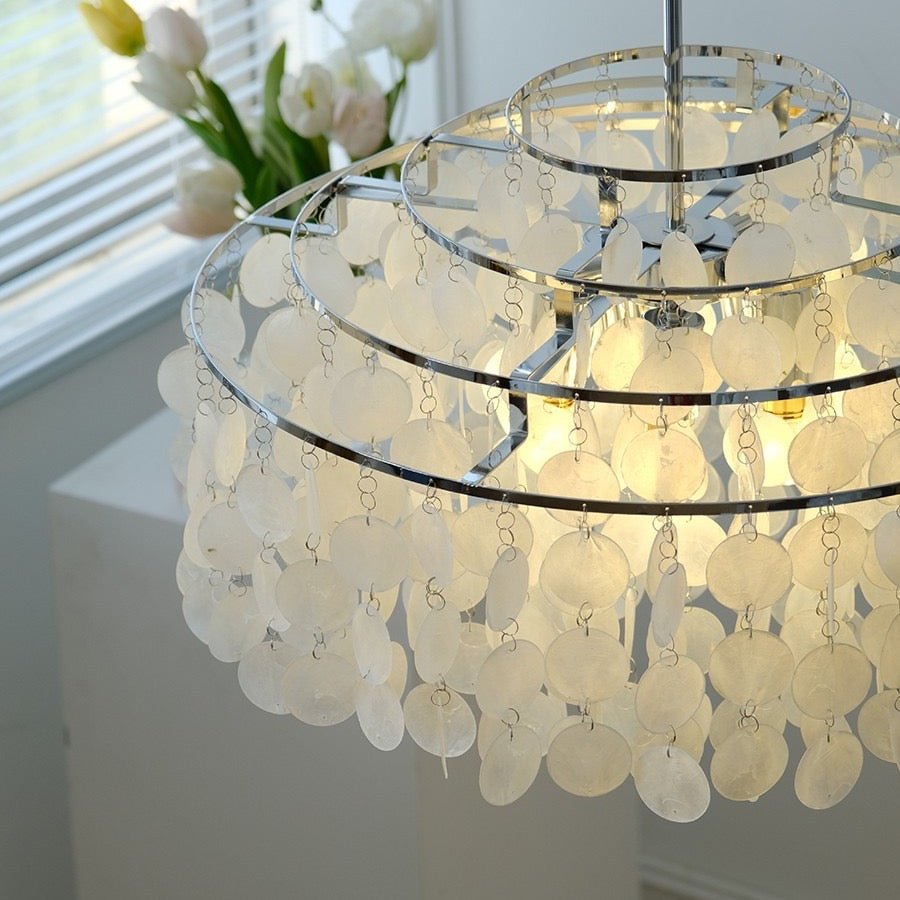 Modern Tiered Glass Chandelier – Capiz Look - SHAGHAF HOME