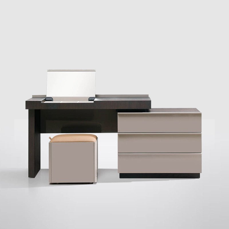 Modern Vanity Dresser Set with Mirror and Storage Ottoman Stool – Two - Tone Design - SHAGHAF HOME