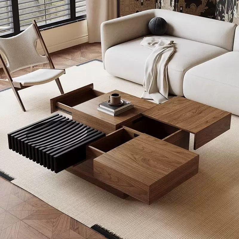 Modern Walnut Coffee Table with Hidden Storage – 100 × 100 × 30 cm - SHAGHAF HOME