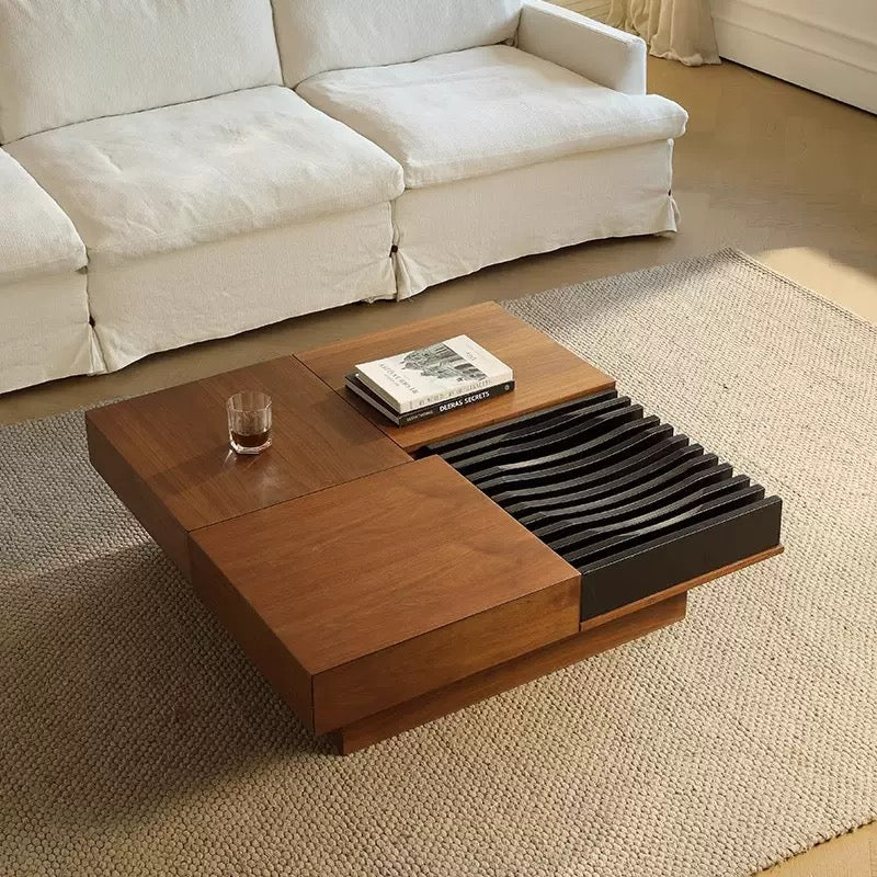 Modern Walnut Coffee Table with Hidden Storage – 100 × 100 × 30 cm - SHAGHAF HOME