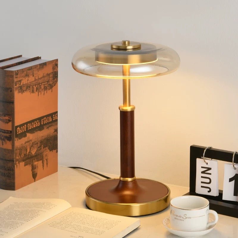 Modern Walnut Wood & Glass LED Table Lamp – Elegant Copper Finish - SHAGHAF HOME
