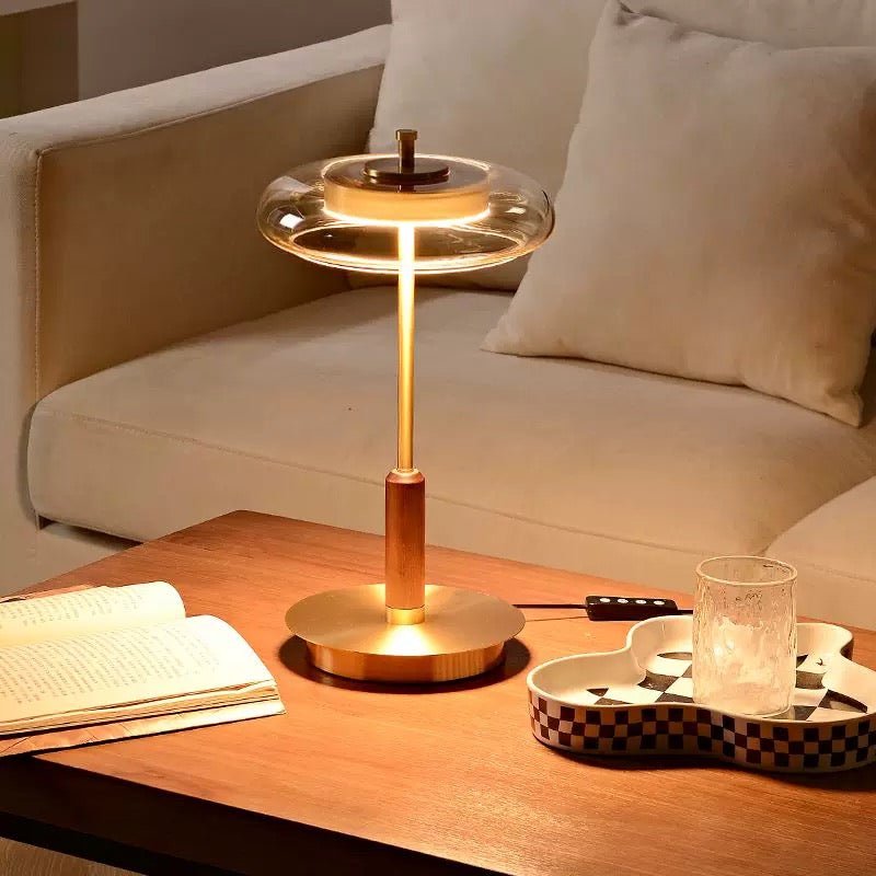 Modern Walnut Wood & Glass LED Table Lamp – Elegant Copper Finish - SHAGHAF HOME
