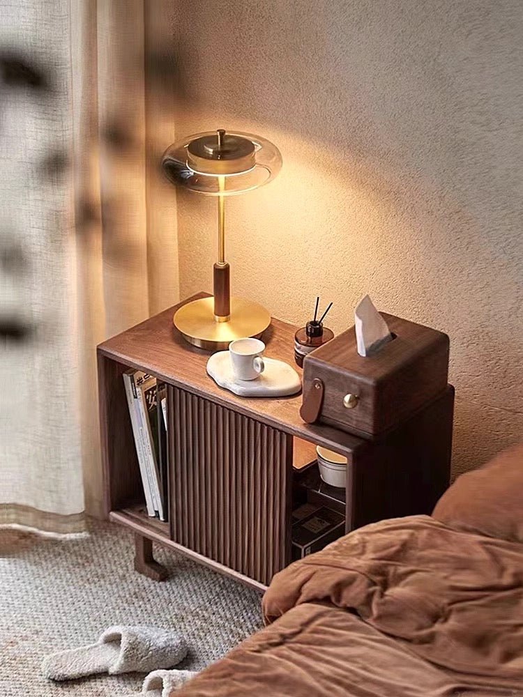 Modern Walnut Wood & Glass LED Table Lamp – Elegant Copper Finish - SHAGHAF HOME