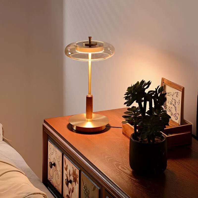Modern Walnut Wood & Glass LED Table Lamp – Elegant Copper Finish - SHAGHAF HOME